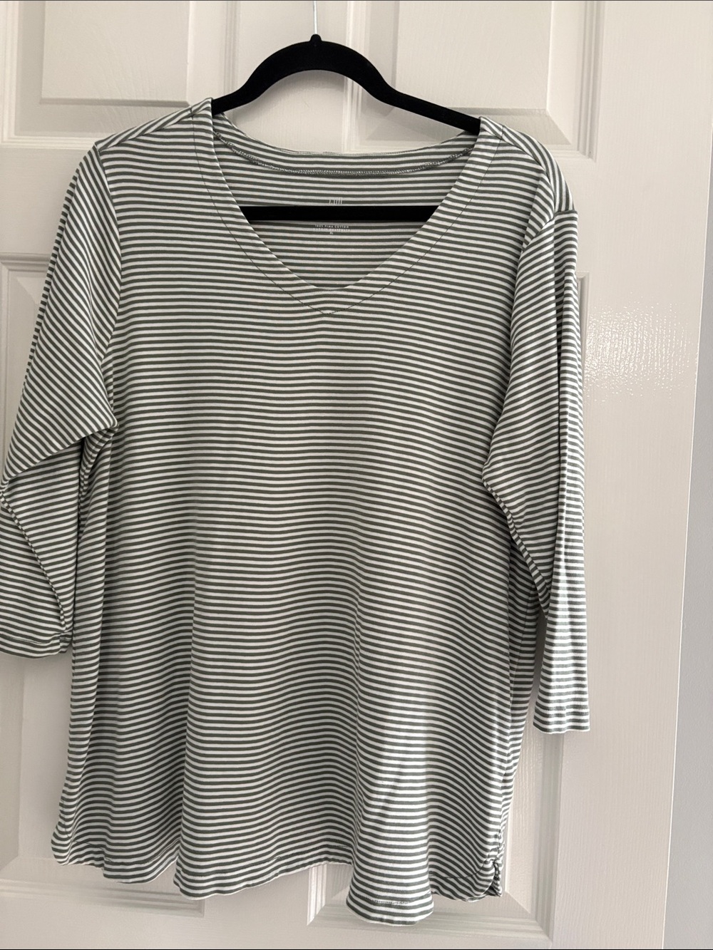 J. Jill Gray and White Striped V-Neck Long Sleeve Top